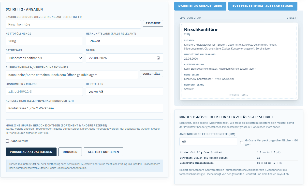 Deklaration mit Live-Vorschau des Etiketts